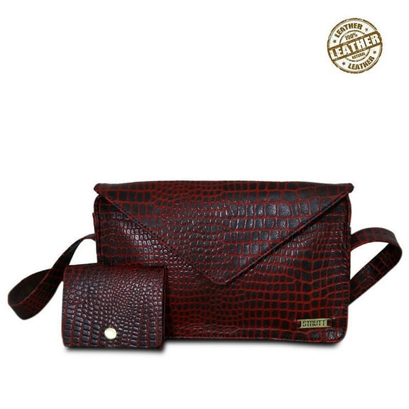 Lucy by Strutt - The Maroon Croc Print Sling Bag and Wallet Combo for girls