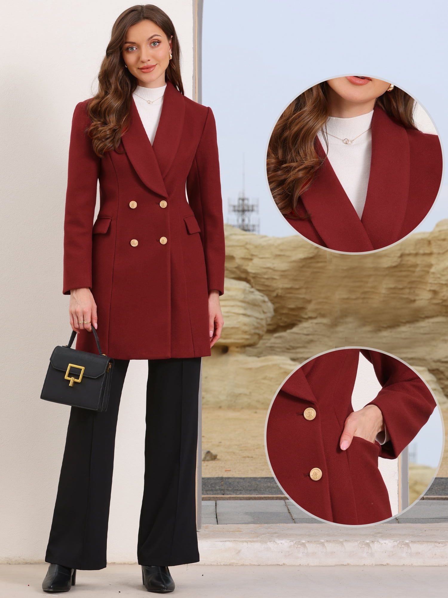 DARING DIVA Women's Double Breasted Shawl Collar Long Coat With Pockets XS Burgundy