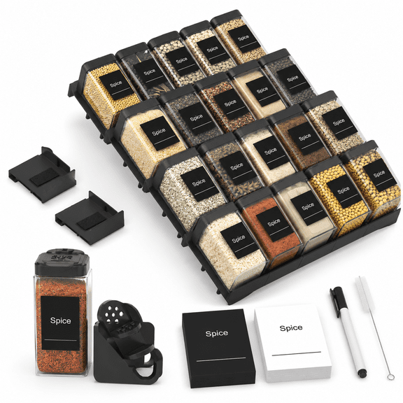 24-Piece Black Plastic Spice Drawer Organizer Set with Jars and Labels