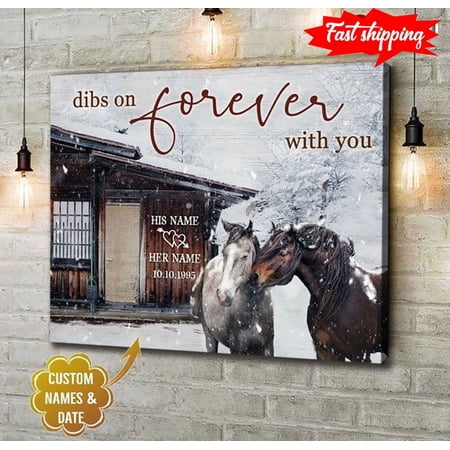 Personalized Name & Date Couple Of Horses Cuddling In Snow Dibs On Forever With You 11 x 17 Inch Poster
