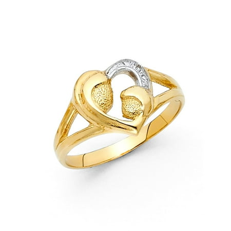 Band Mom Ring - 14k Two Tone Italian Solid Gold 10mm Mother & Daughter Hearts Te Amo Love Band Ring Size 7.5 Available All Sizes