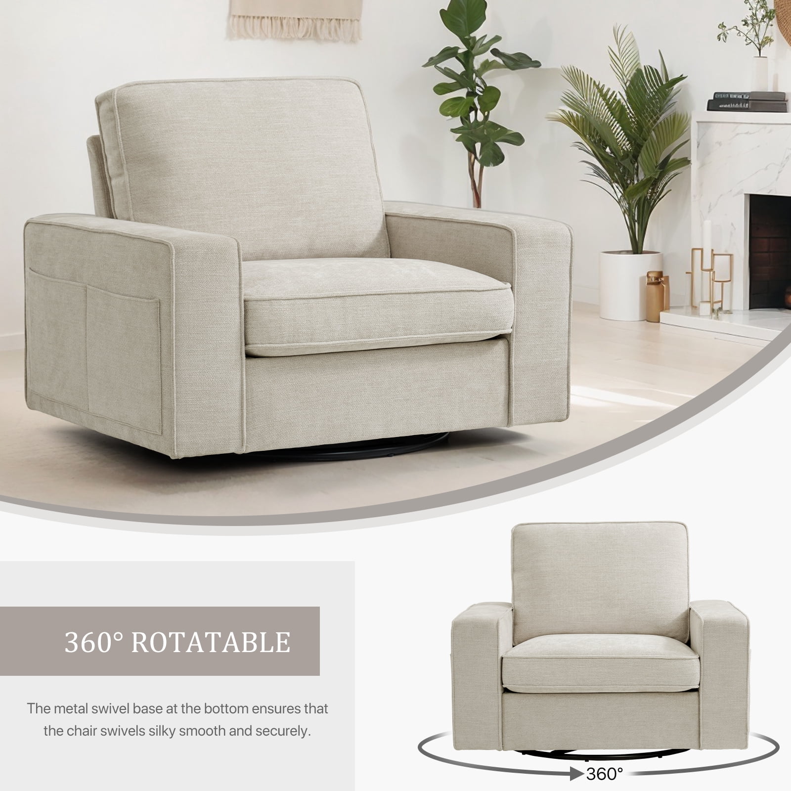 INGALIK Swivel Accent Chair, 40.2"W Oversize Chenille Accent Armchair with Storage Bag, Modern Comfortable Chair for Living Room, Bedroom, Beige