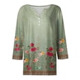 thumbnail image 4 of Wutalume 3/4 Sleeve Tops for Women, Button-Up V-Neck T-Shirt with Floral Print for Weekend, Daily Wear, Relaxed Style, and Soft Fabric,Green 3XL, 4 of 5