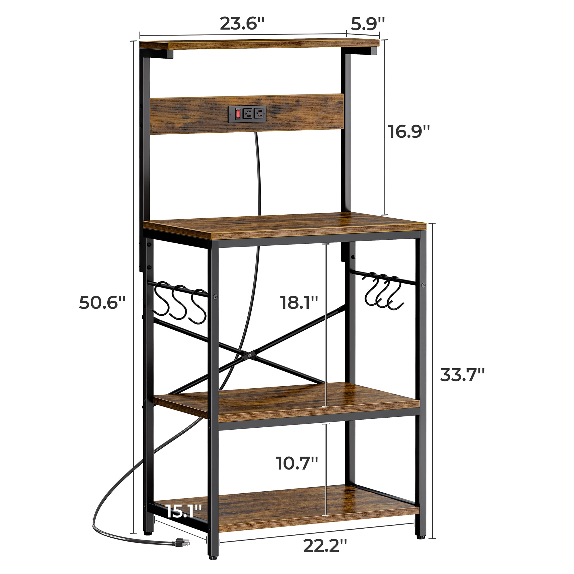 SUPERJARE Bakers Rack with Power Outlet, Kitchen Coffee Bar Table, Wood Microwave Stand Table with Hooks and Storage Shelves, Kitchen Shelf Rack, Rustic Brown