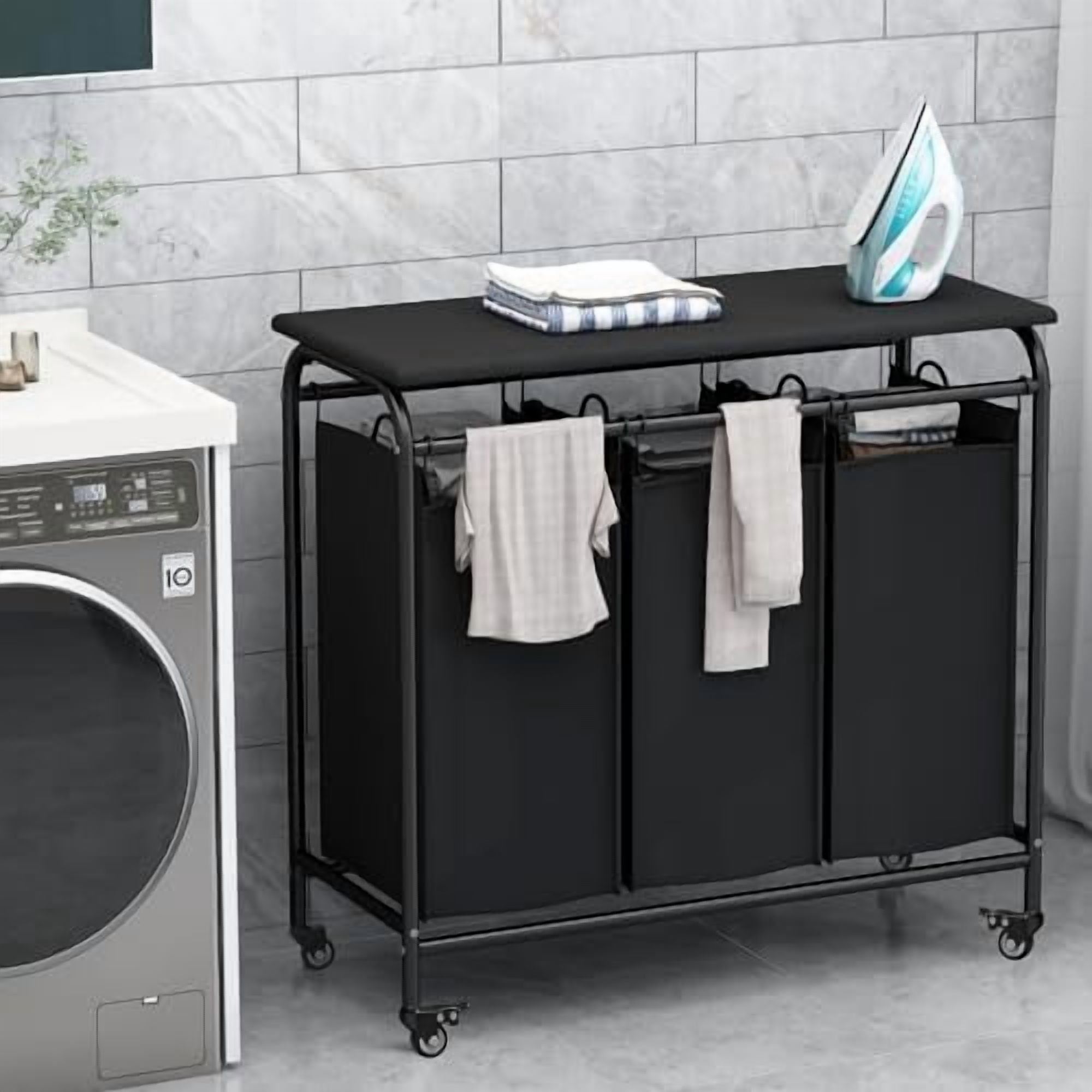 3 Bag Laundry Basket Sorter Heavy Duty Rolling Lockable Wheels Laundry Hamper Cart with Ironing Board and Removable Bags, Black