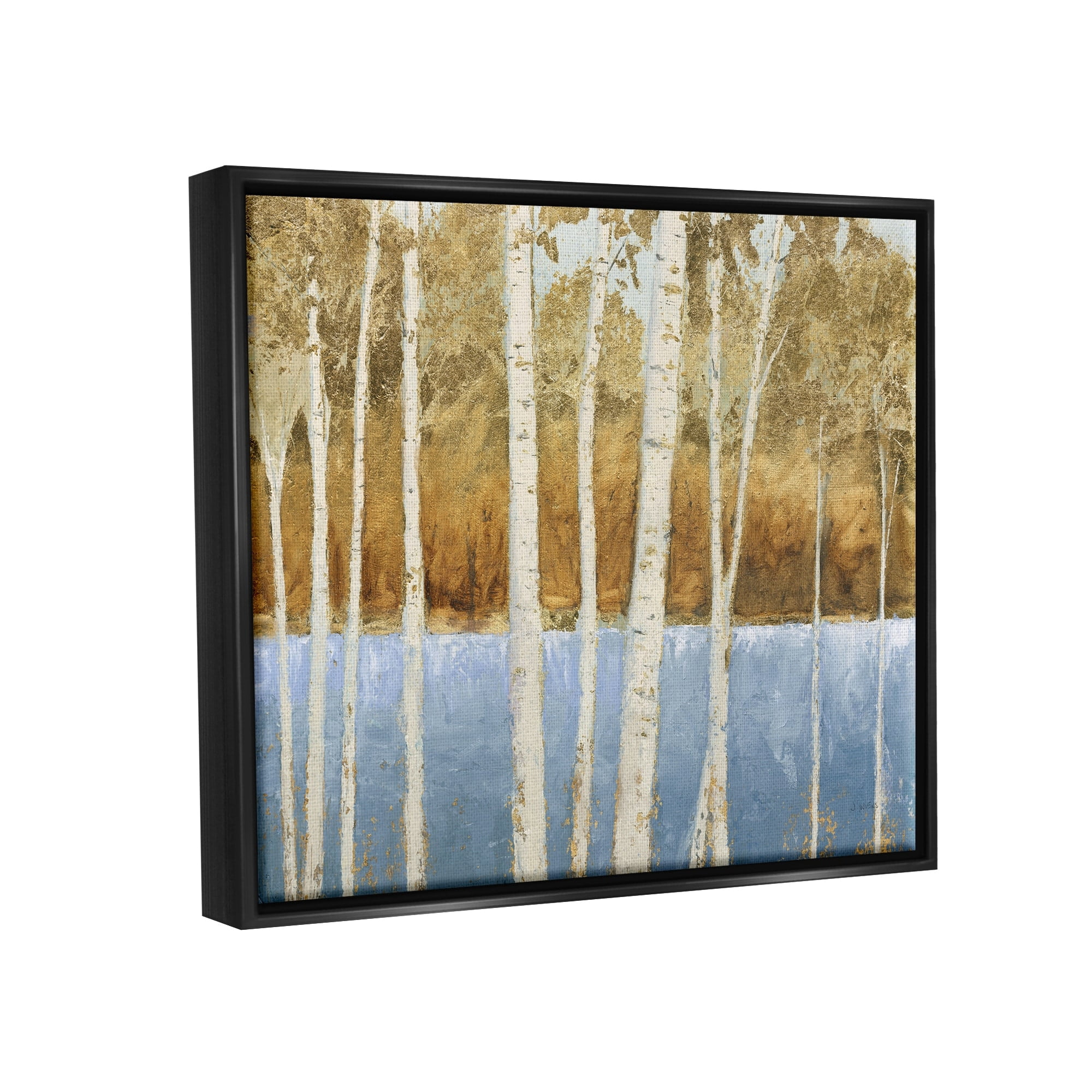 Stupell Industries Birch Tree Lake Landscape Blue Gold Nature Painting Jet Black Framed Floating Canvas Wall Art, 16x20, by James Wiens