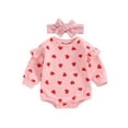 thumbnail image 2 of Musuos Baby Girl Valentine´s Day Outfits 3 6 12 18M Ruffle Long Sleeve Heart Print Romper with Headband Set Infant Clothes, 2 of 10