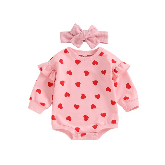 Gupgi Valentine's Day Newborn Baby Girl Heart Romper 0-18M Infant Long Sleeve Jumpsuit Headband