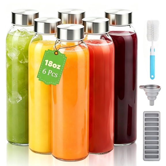 Tarvako 6 Set 18oz Glass Juice Bottles with Lids, Reusable Glass Water Bottles with Stainless Steel Cap for Refrigerator, Juicing, 100% Leak Proof, BPA Free, Juice Bottle Drinking Jar Containers
