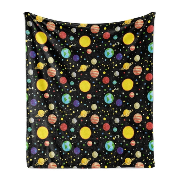 Space Soft Flannel Fleece Throw Blanket, Comets and Constellations Stars with Polka Dots Earth Sun Saturn Mars Solar System, Cozy Plush for Indoor and Outdoor Use, 60" x 80", Multicolor, by Ambesonne