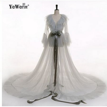 Lnzyyephy Women Summer Kimono Dress  Sheer Tulle V-Neck Long Flare Sleeves Floor-Length Night-Robe Lingerie  4 Colors