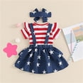 thumbnail image 5 of Bovxnpu Girls Boys Outfits Set Kids Short Sleeve Crewneck Romper Print Suspender Skirt 3Pc with Headband Set, 5 of 8
