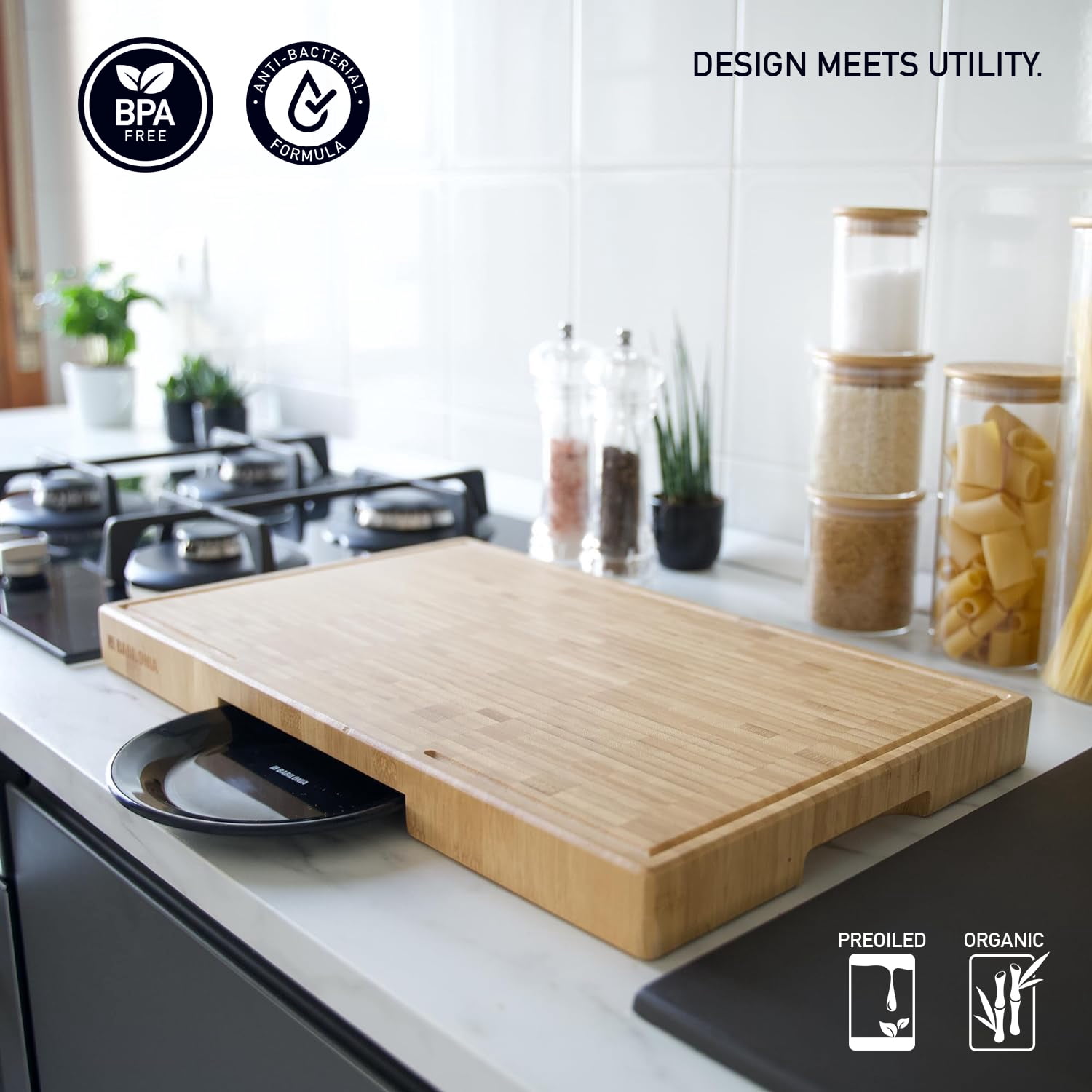 Babilonia Bamboo Cutting Board, 15.7 x 10.2 x 1.7 inch End Grain Wood Chopping Board with Juice Groove and Handle (Oil & Plate Included)
