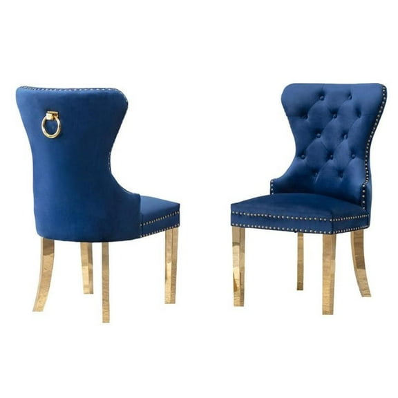 Double Tufted Navy Blue Velvet Side Chairs with Gold Stainless Steel Legs