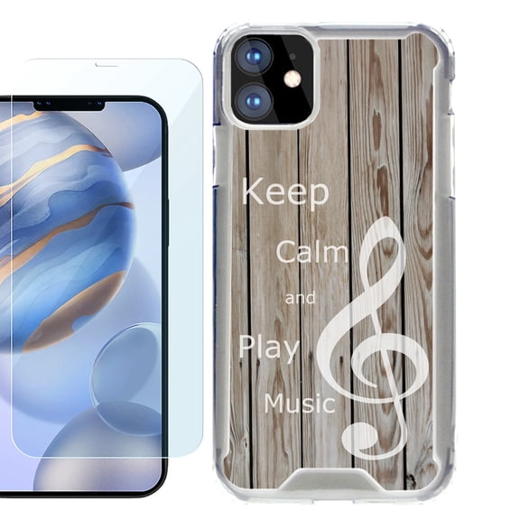 For Apple iPhone 12 Case, iPhone 12 Pro Case, Hybrid Bumper Phone case, with Tempered Glass Screen Protector, by OneToughShield ® - Wood/Music