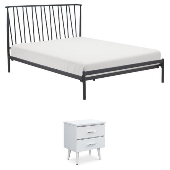 Home Square 2-Piece Set with Side Table and Metal Queen Bed in White & Black