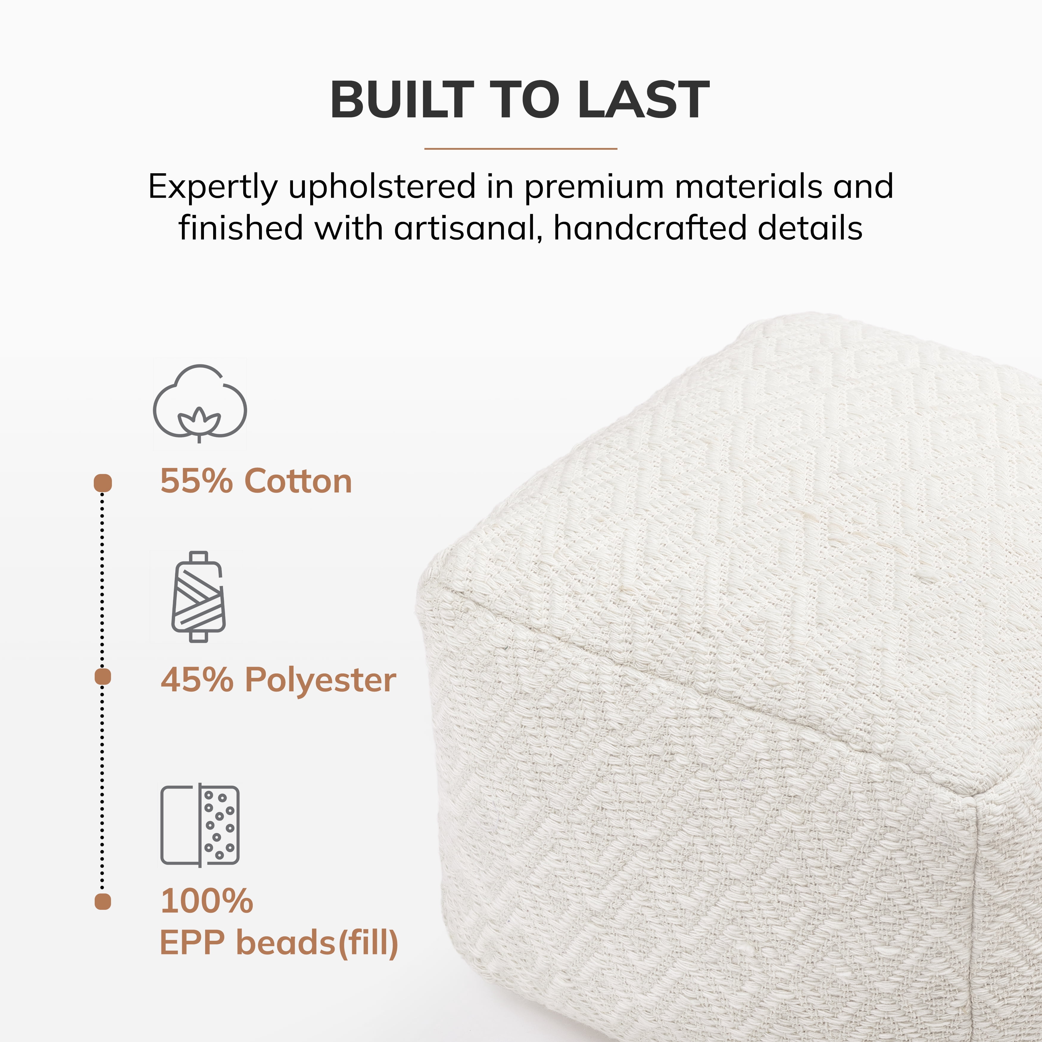 Anji Mountain Pouf Ottoman Foot Rest, Handmade Ottoman Pouf, Comfortable Foot Stool, Decorative Floor Seating for Living Room Decor, Bedroom & Home Décor Accent - Ivory
