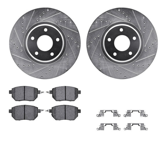 Dynamic Friction Company Front Brake Rotors-Drilled and Slotted-Silver with 5000 Advanced Brake Pads includes Hardware 7512-67104