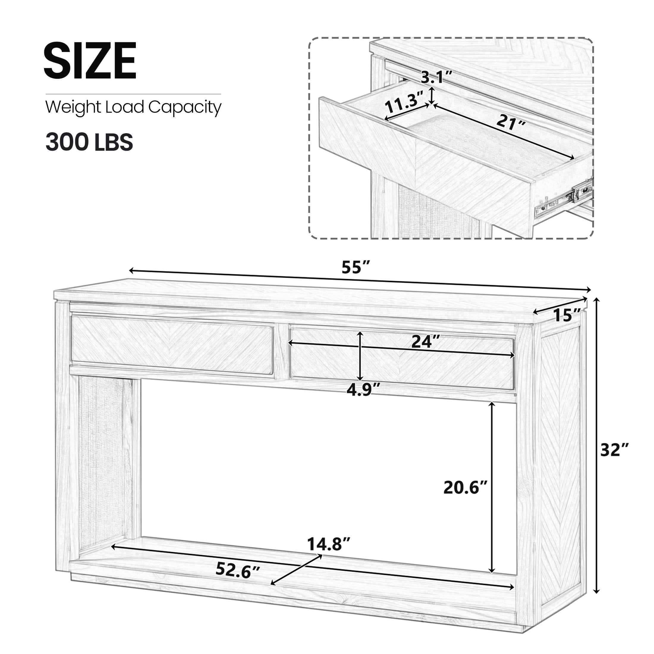 Aukfa 55" Console Table, Rustic Entryway Sofa Table with Storage Drawers and Open Shelf for Hallway and Living Room, Oak