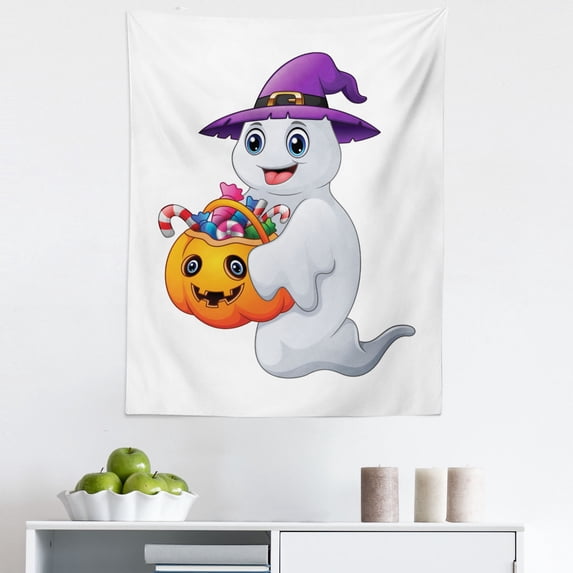 Ghost Tapestry, Colorful Phantom Carrying Treasure Haunted Cartoon Style Drawing Print, Fabric Wall Hanging Decor for Bedroom Living Room Dorm, 5 Sizes, White and Multicolor, by Ambesonne