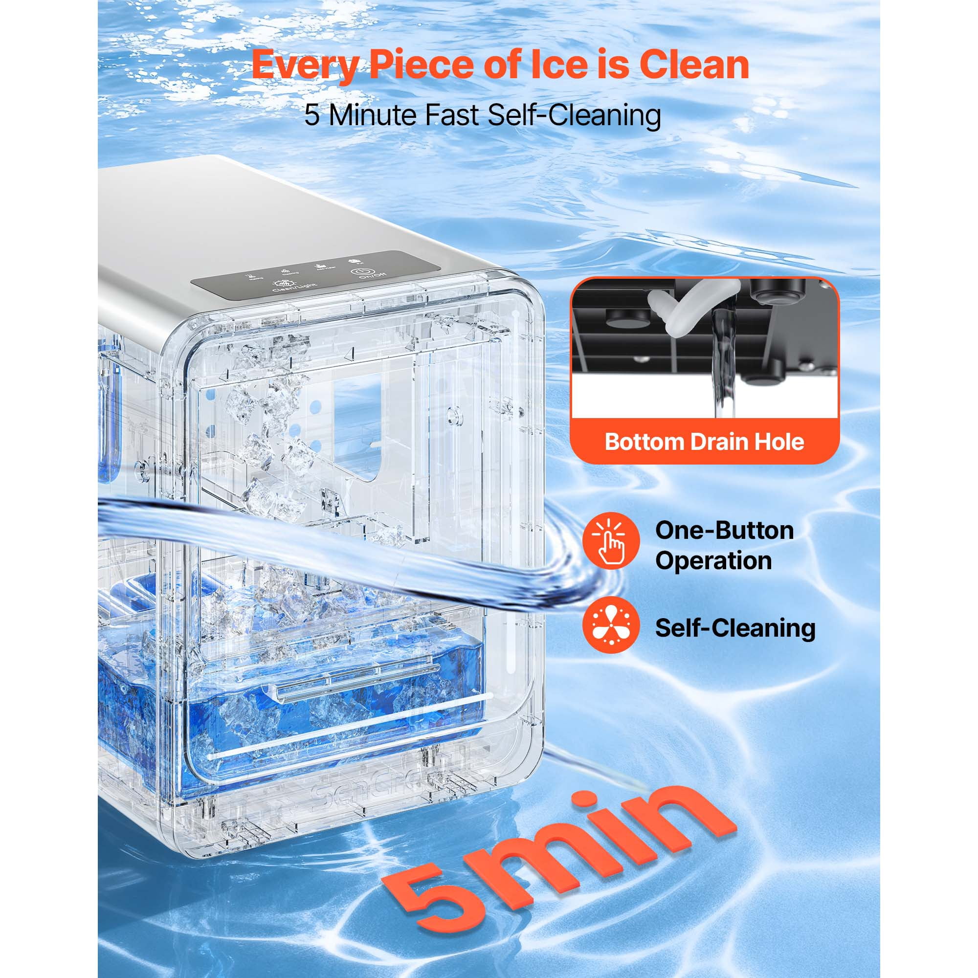 KFFKFF Countertop Ice Maker, 33 lbs Daily Capacity, Self-Cleaning Portable Machine with Scoop, Drawer-Style Access, Nugget Ice Maker for Home, Kitchen, Office, Bar, and Parties