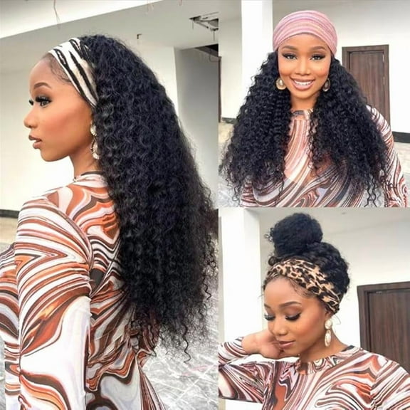 MY Headband Wig Human Hair Deep Wave 20 Inch Glueless None Lace Front Deep Curly Wig Brazilian Virgin Hair Wear and Go Wigs for Black Women 180% Density Machine Made Headband Half Wigs Natural Color