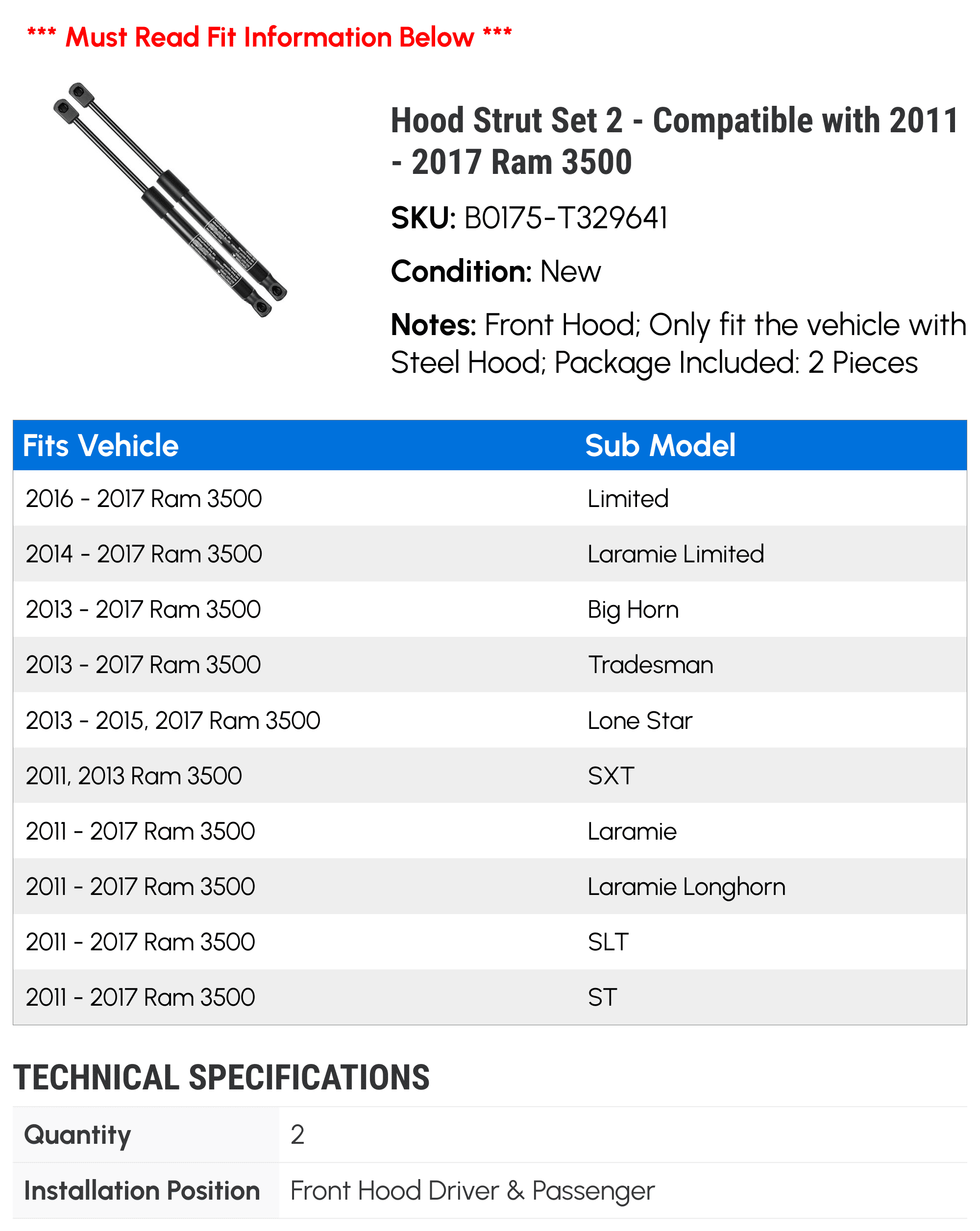 Hood Strut Set 2 - Compatible with 2011 - 2017 Ram 3500 - Autopart Premium