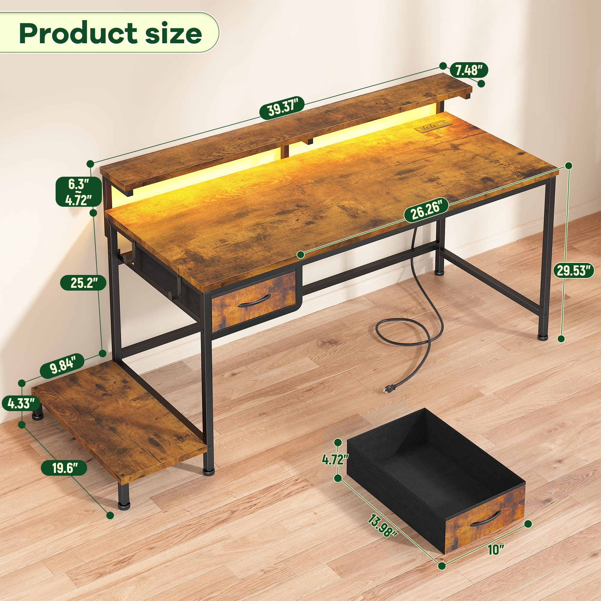Romorgniz Computer Desk with Power Outlet & Fabric Drawer, Adjustable Gaming Office Desk with LED Lights & CPU Stand for Small Spaces, Rustic Brown