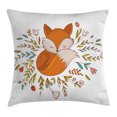 thumbnail image 1 of Cartoon Throw Pillow Cushion Cover, Cute Baby Fox Sleeping in a Floral Made Bed Circle Art Print, Decorative Square Accent Pillow Case, 24 X 24 Inches, Dark Orange White Teal Coral, by Ambesonne, 1 of 2