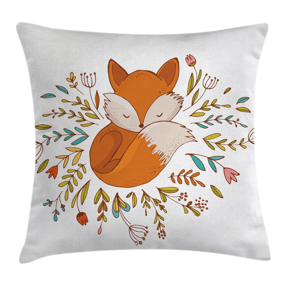 Cartoon Throw Pillow Cushion Cover, Cute Baby Fox Sleeping in a Floral Made Bed Circle Art Print