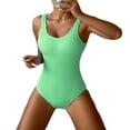 thumbnail image 2 of Women One Piece Swimsuit Solid Ribbed Monokini Swimwear Scoop Neck Low Back Bathing Suit Light Green XL, 2 of 6