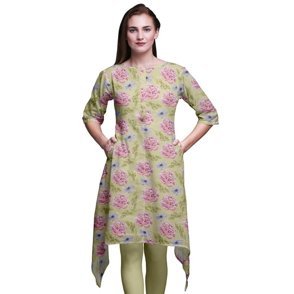 Bimba Beige Carnation & Daisy Floral Asymmetric Kurta Indian Tunic Tops For Women Printed Indian Clothing Large