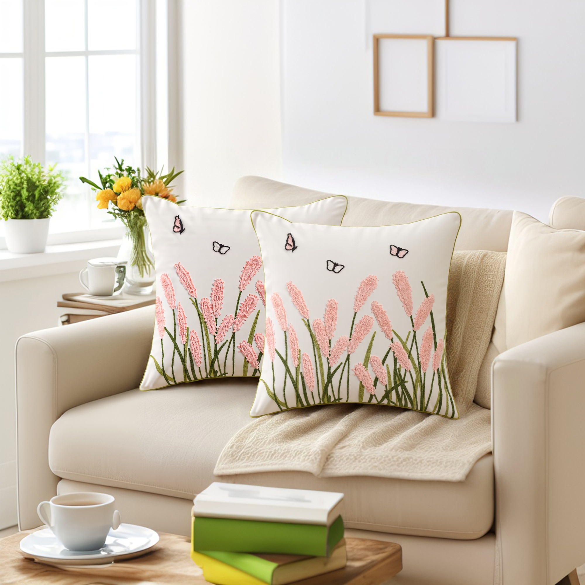 Unique Bargains Cotton Boho Plant Embroidery Soft Square Throw Pillow Covers Light Pink