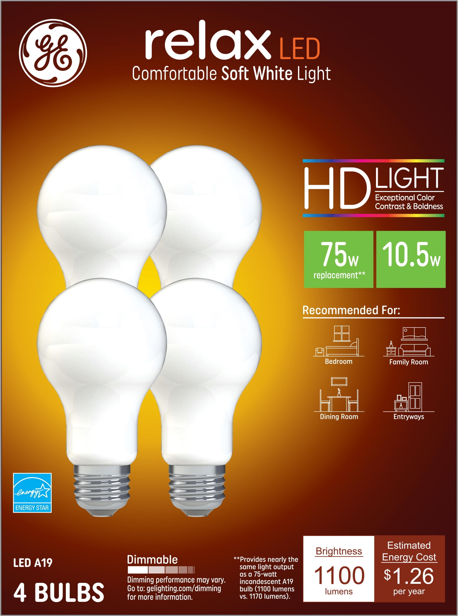 GE Relax LED Light Bulbs, 75 Watt Eqv, Soft White, A19 General Purpose, 4pk