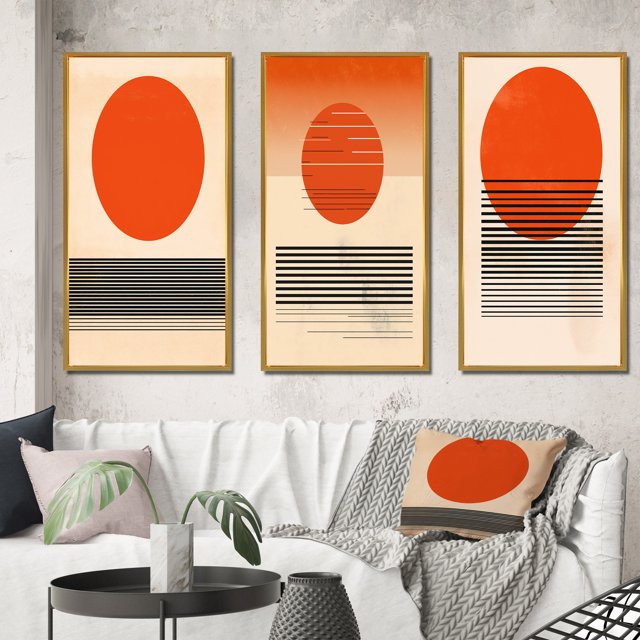 Designart "Minimalist Geometric Sunset in Bold Orange III" Modern Geometric Framed Wall Art Set Of 3 - Orange Abstract Frame Gallery Wall Set For Home Decor