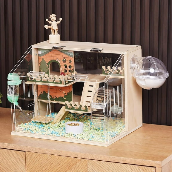 11 in 1 Wooden Hamster Cage with All Accories 15.8 Inch 3Layer Dwarf Hamster Cage Acrylic Small Animal Cages Pastoral Style Mouse Cage for Pet Mice Hedgehog with Stairs Fences and Swing