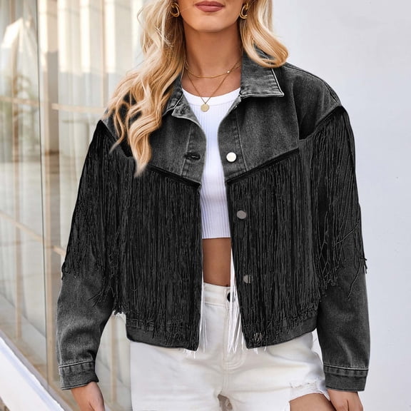 Women's Long Sleeve Cropped Denim Jacket Western Fringe Vintage Button Front Short Jean Coat Streetwear Black L