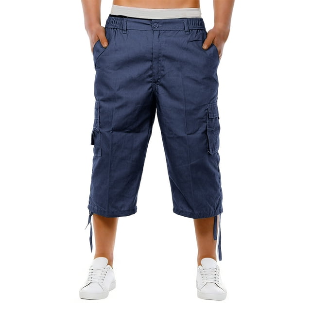 Ceisia Men's Multi-Pocket Cargo 3/4 Pants Loose Straight-Leg Workwear Shorts with Drawstring Cuffs for Summer Blue S Gifts