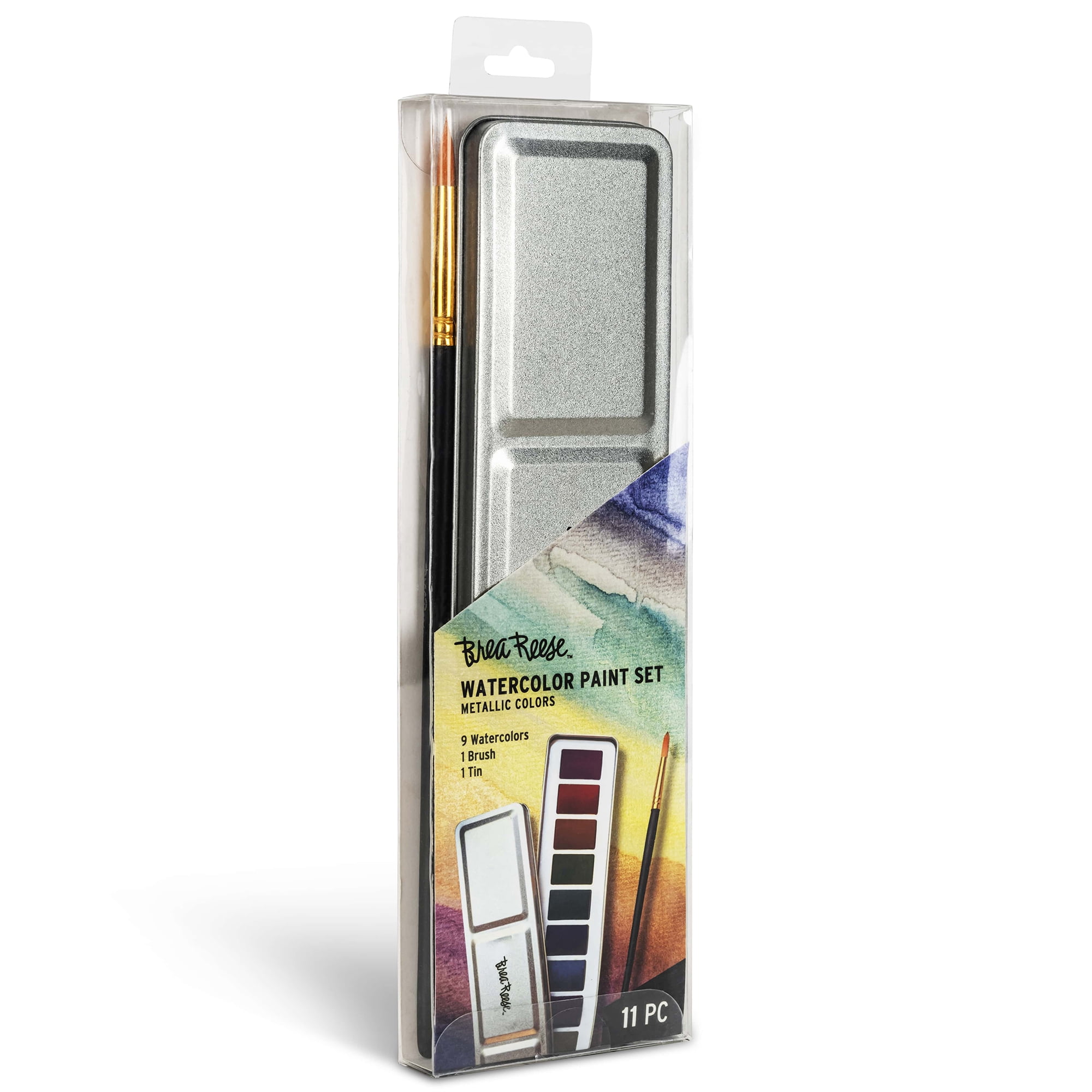 Brea Reese: Watercolor Paint Set - Metallic - 9pc Shimmering Colors, Gold Taklon Painting Brush & Compact Portable Tin, Blend-able, Adult Art Supplies