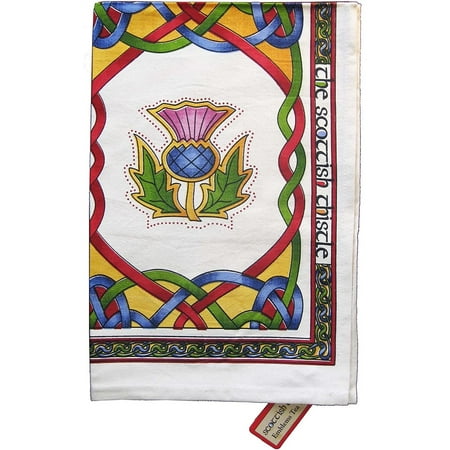 

ROYAL TARA Irish Tea Towel Scottish Thistle 100% Cotton with Celtic Knots Design 30in x 20in Red Beige Color - Gift from Ireland with EMBLEMS OF SCOTLAND