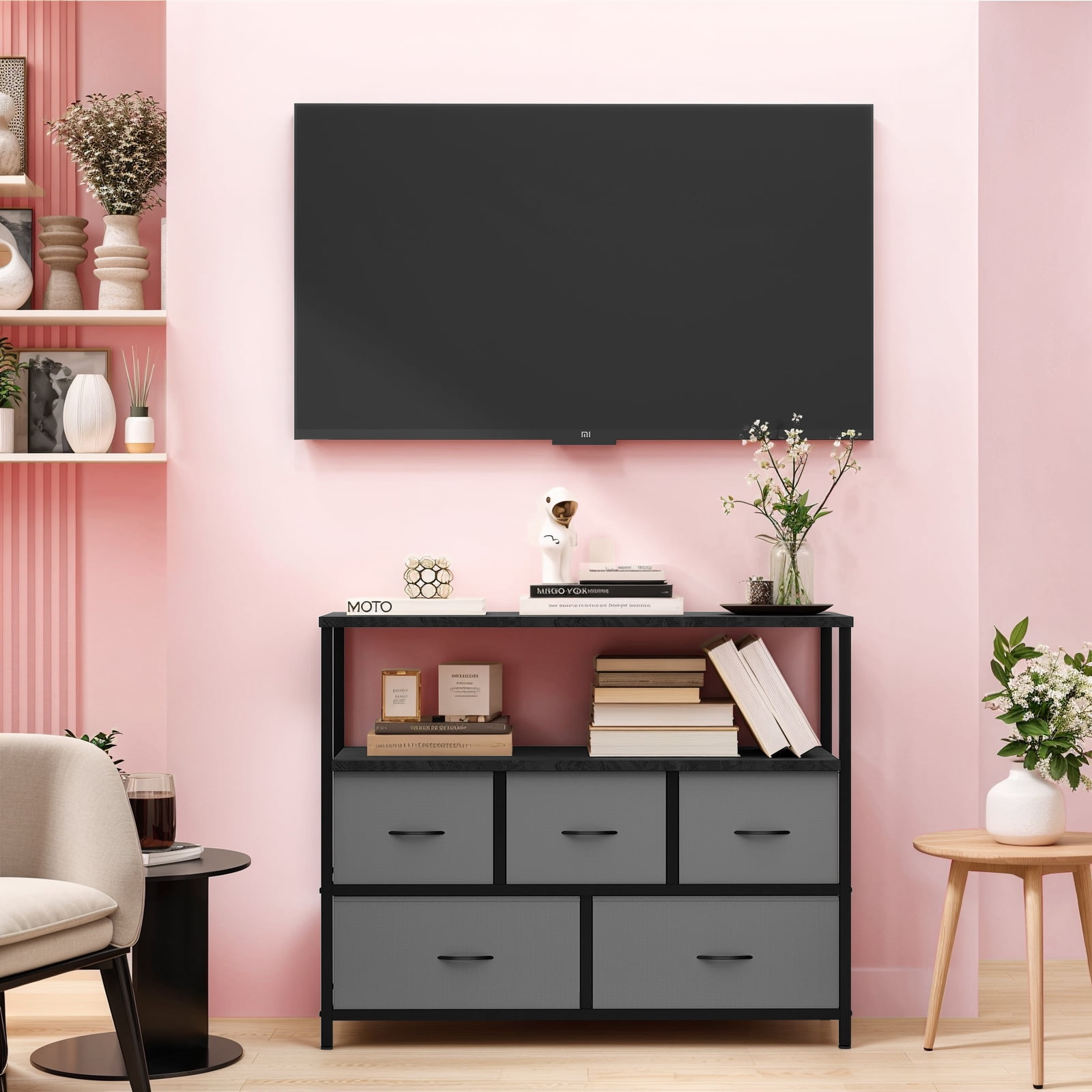 TV Stand, Gray Dresser TV Stand for Bedroom, Entertainment Center for 45 Inch TV with Drawers, Fabric, Adjustable Feet, Living Room