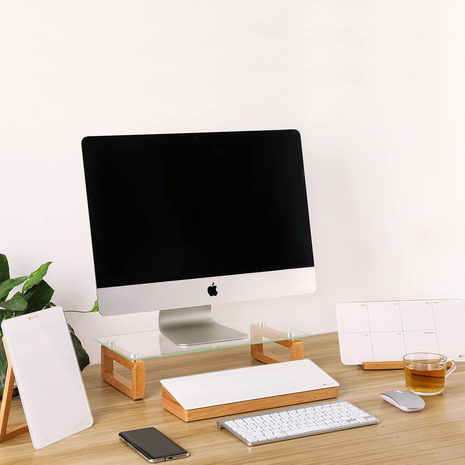 Glass Desktop Whiteboard With Wood Organizer For Small Office Accessories  Aesthetic Desk Dry Erase White Board Drawer Home Cubicle Marker & Eraser Included