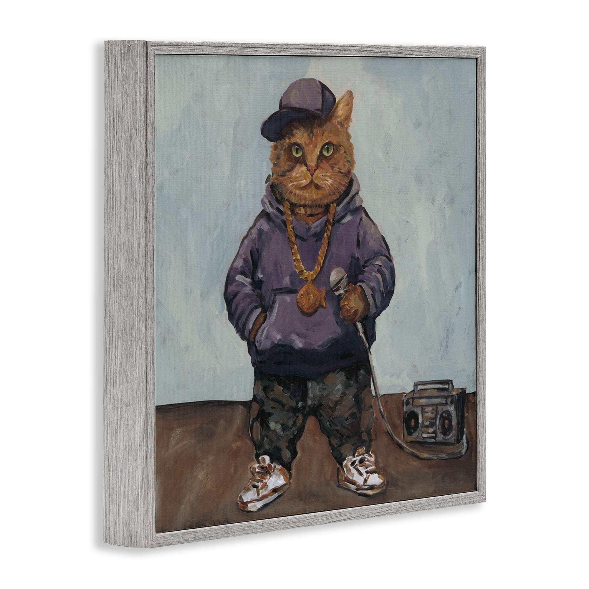 Stupell Industries Urban Hip-Hop Cat Gray Framed Giclee Art, design by Studio Bautista