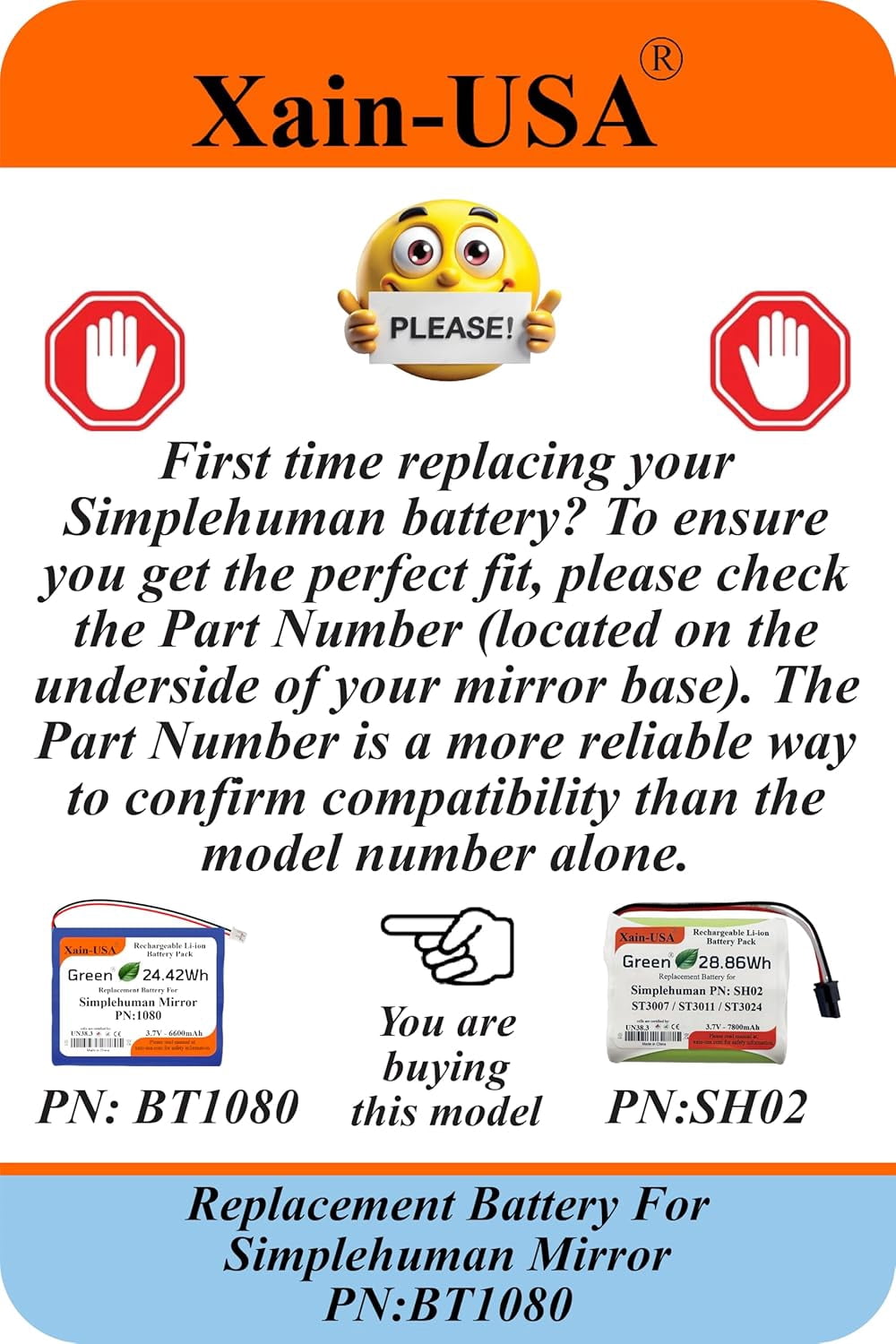 Replacement Battery PN: BT1080 for Simplehuman Mirrors (ST3024 ST3026 ST3027 ST3028), 3.7V 6600mAh, (Please) Verify Part Number (Found Under Your Mirror) Before Purchase, Thank You.