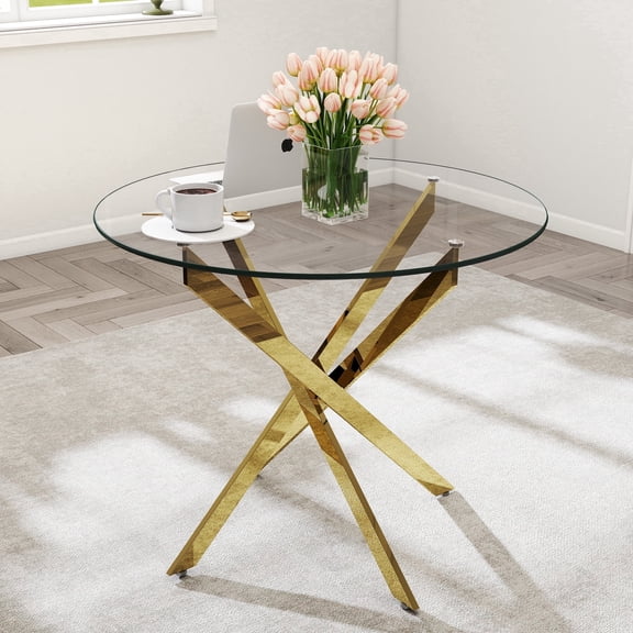 CTRYCLASIC Round Glass Dining Table, 35.4 Inch Modern Tempered Glass Kitchen Table with X‑Shaped Metal Legs, 350 LBS Load Bearing Dining Room Table, Gold & Chrome Finish Optional