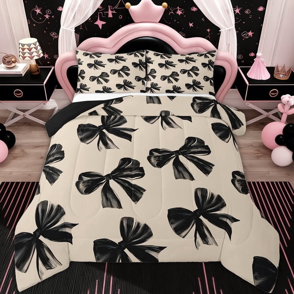 Erosebridal Bow Bedding Set Queen Black Bow Tie Bedding Comforter Sets Teen Adults Room Decor,Watercolor Bowknot Comforter Set Black White Simple Decor Bed Duvet Set