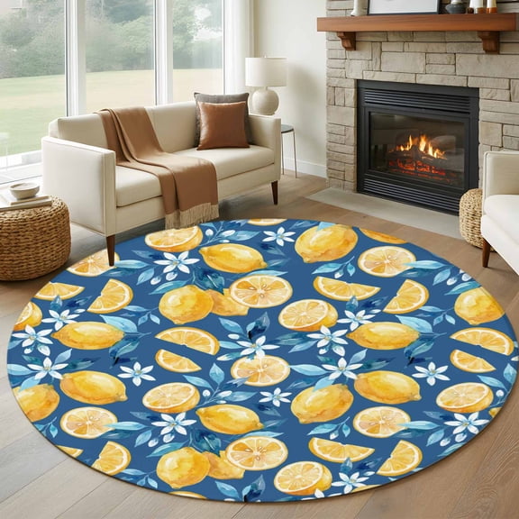 Yellow Lemon Blue Floral Round Area Rug 8Ft Washable Large Circle Rugs for Living Room Dorm, Summer Botanical Navy Blue Non-Slip Carpet Floor Mats Indoor Outdoor Carpet Runner Aesthetic Home Decor