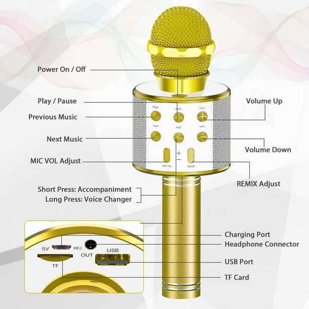Microphone karaoké Bluetooth sans fil avec haut-parleur et fonction  d'enregistrement, meilleur jouet de chant cadeau pour enfant (doré) 