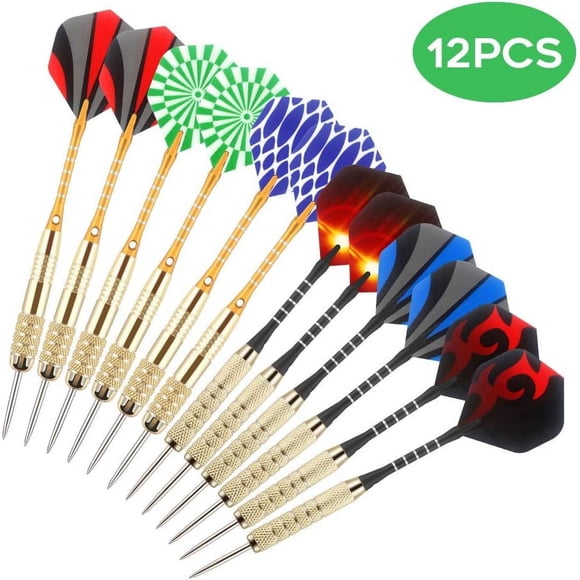 Darts, 12 Pieces Professional Hard Steel Tip Darts With Aluminum Shafts And 8 Style 24 Flag Flights + Dart Sharpener