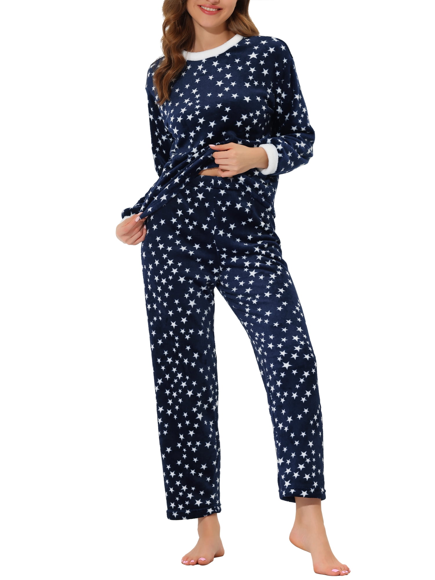 Unique Bargains Women's Heart Star Warm Plush Fleece Top and Pants Pajamas Set XS Blue